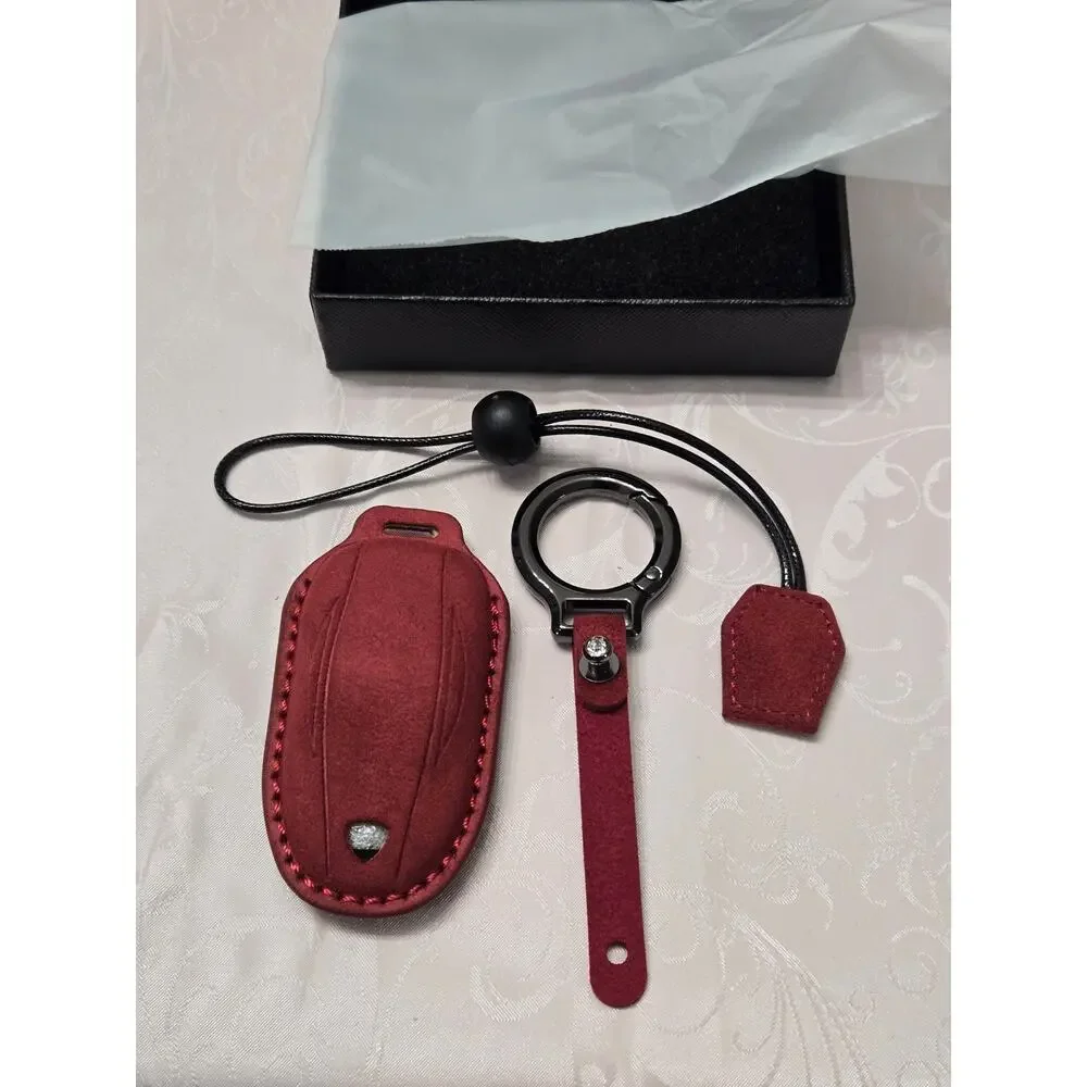 Key Fob Cover Case Red w/ Keychain Lanyard for a Tesla Model 3/Y Leather New